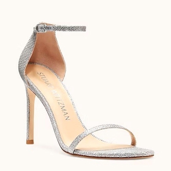 New STUART WEITZMAN Nudistsong Silver Glitter Stiletto Sandal 8.5 MSRP $495 - Picture 1 of 6